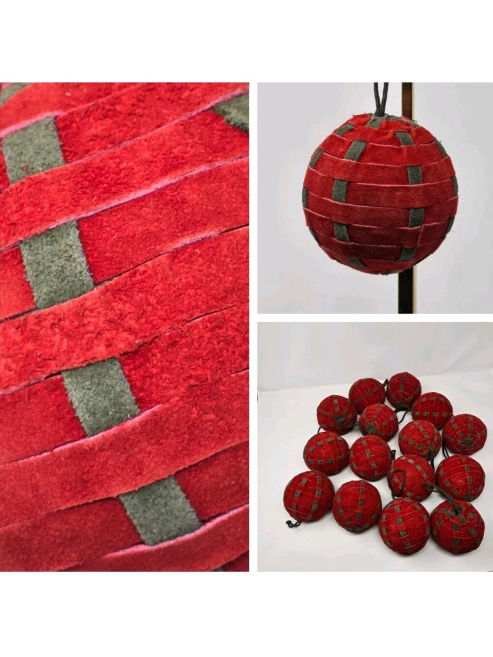 Suede Leather Wrapped Ornaments Balls Christmas Red Greed Brutalist Country - 15